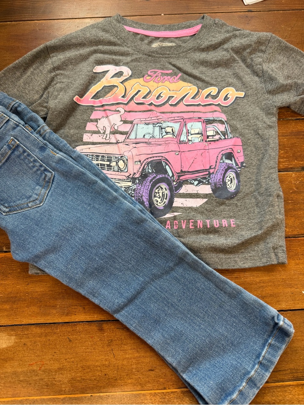 Ford bronco Kids Matching Set Gray Top with Pink Bronco Graphic and Blue Jeans